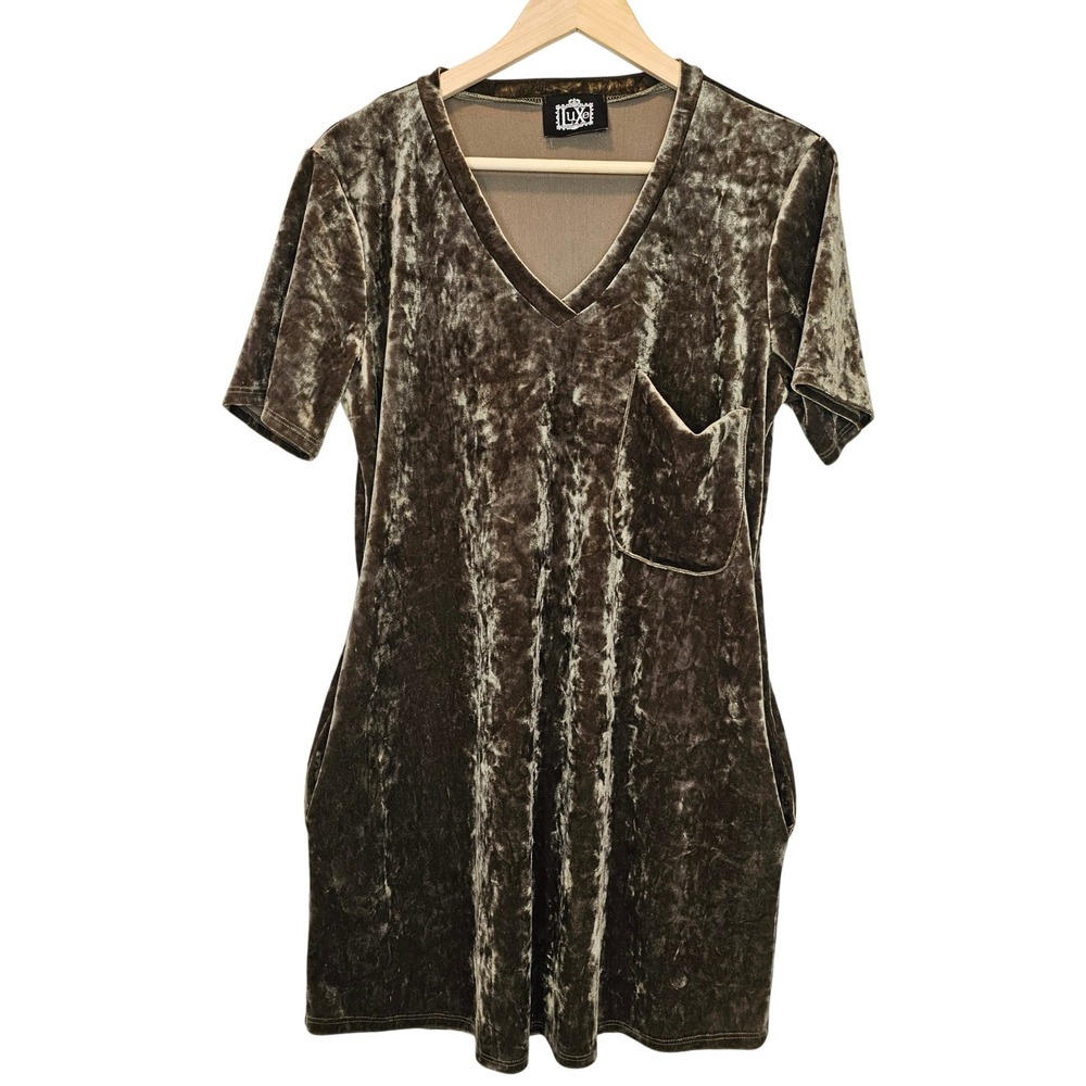 Lux Crushed Velvet V-neck Mini Tee Dress Pockets‎ Brown Gray Size Large